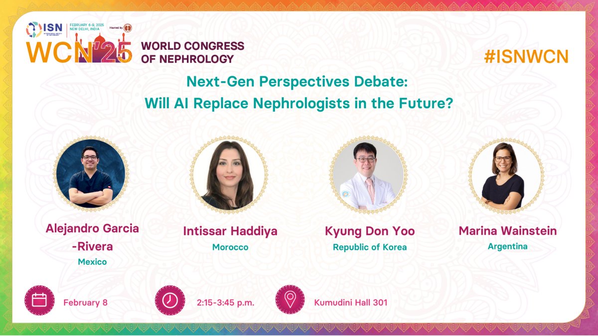 🚀 Ready to challenge the future of Nephrology? 

Join me at #ISNWCN for the Next-Gen Perspectives Debate on AI in Nephrology!

📅 Feb 8 
⏰ 2:15-3:45 PM 
📍 Kumudini Hall 301

Let’s push the boundaries of innovation! What do you think—will AI take over? 🤔👇 #ISNWCN