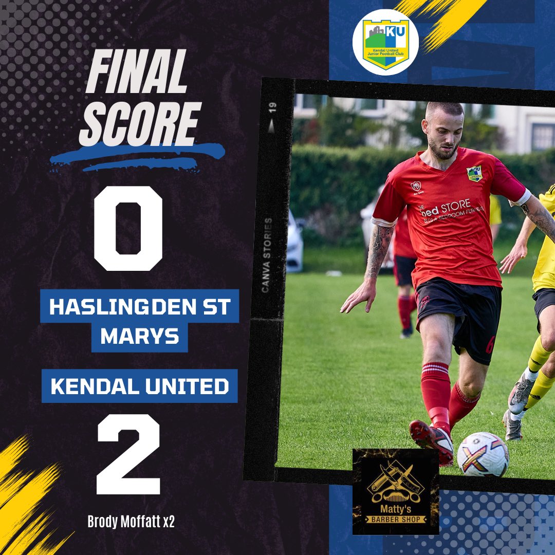 Full time result from the 1st team 👇 

An outstanding performance from the squad today defeating Prem side Haslingden. Lads were terrific and come away with a deserved victory to the next round!

Goals from Brody Moffatt x2 💛💙