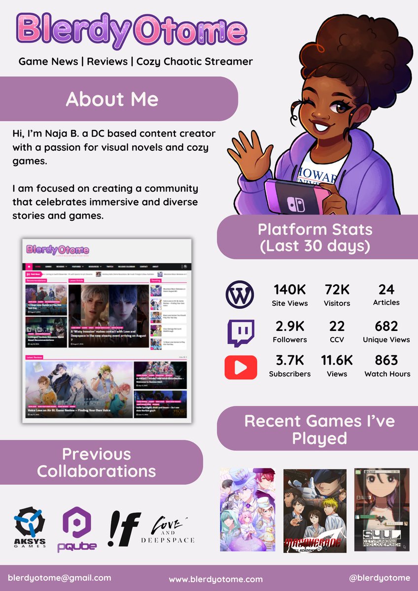 BlerdyOtome's tweet image. Hi! I'm Naja or Blerdy Otome, a Black creator, gamer, & streamer 365 days a year! I play otome games, indie VNs, and cozy games.
If you want to connect or support, check out my content, subscribe, leave a comment, & most importantly SHARE IT!
⬇️Where to find me listed below ⬇️