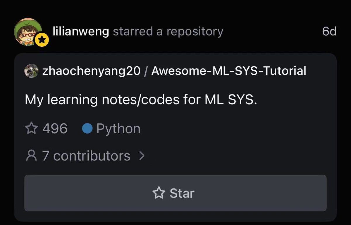 my personal blog on ML SYS learning journey is started by Lilian Weng, former member and leader at OpenAI security team 😂 😂 😂 

github.com/zhaochenyang20…

this is the link. Sorry most of the contents in Chinese, but will be more international this year! 🥲