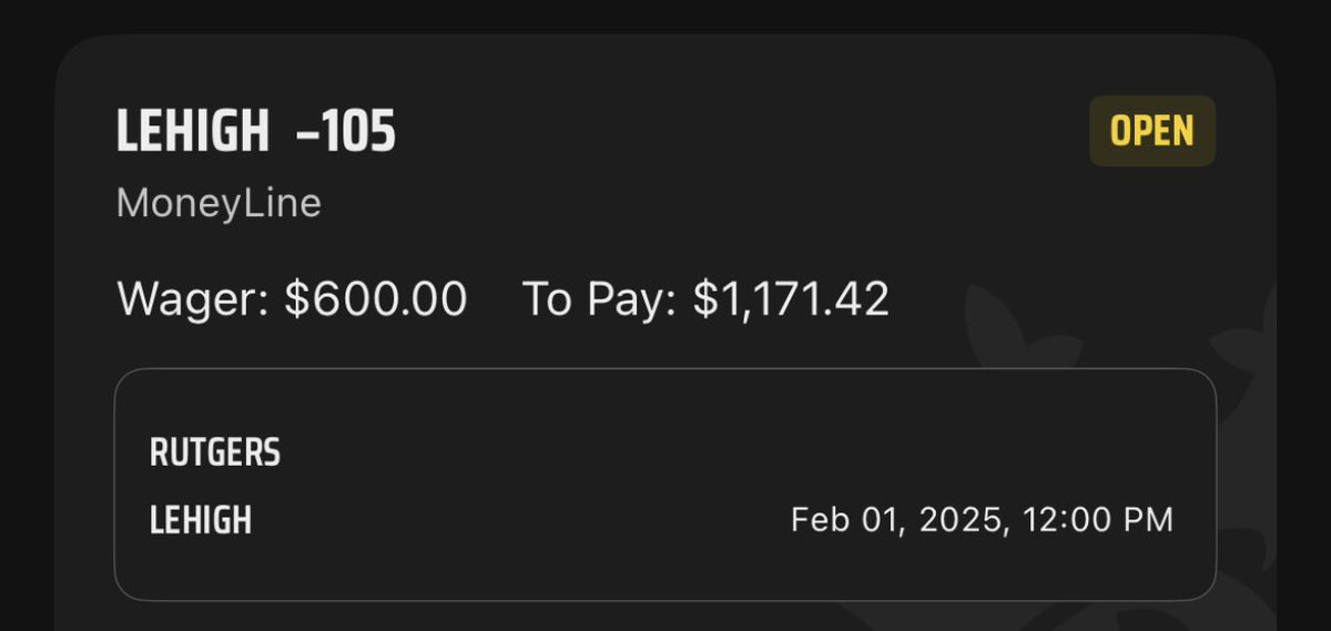 Absolute crease crank here - 

Lehigh ML (-105) 2u

Hearing nothing good from Rutgers camp. Lehigh should have beat Hop in the first round of the tournament last year and kept a lot of studs

CRANK IT