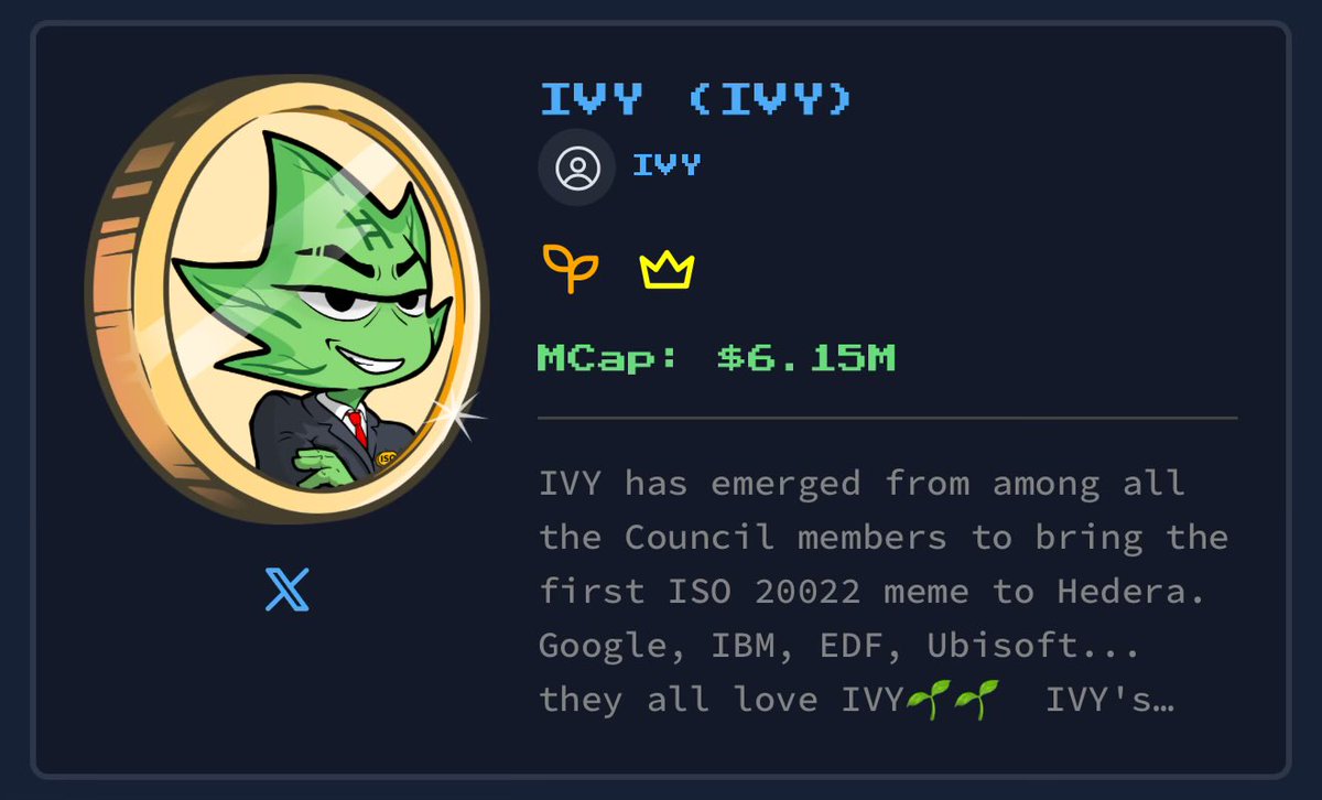 Update $IVY stats:

🔥Top trending token on Hedera, again
📈Over 200k in volumen
🫂More than 1400 holders
💧Best liquidity
👑Highest market cap on a Hedera meme

IVY, more than a meme.