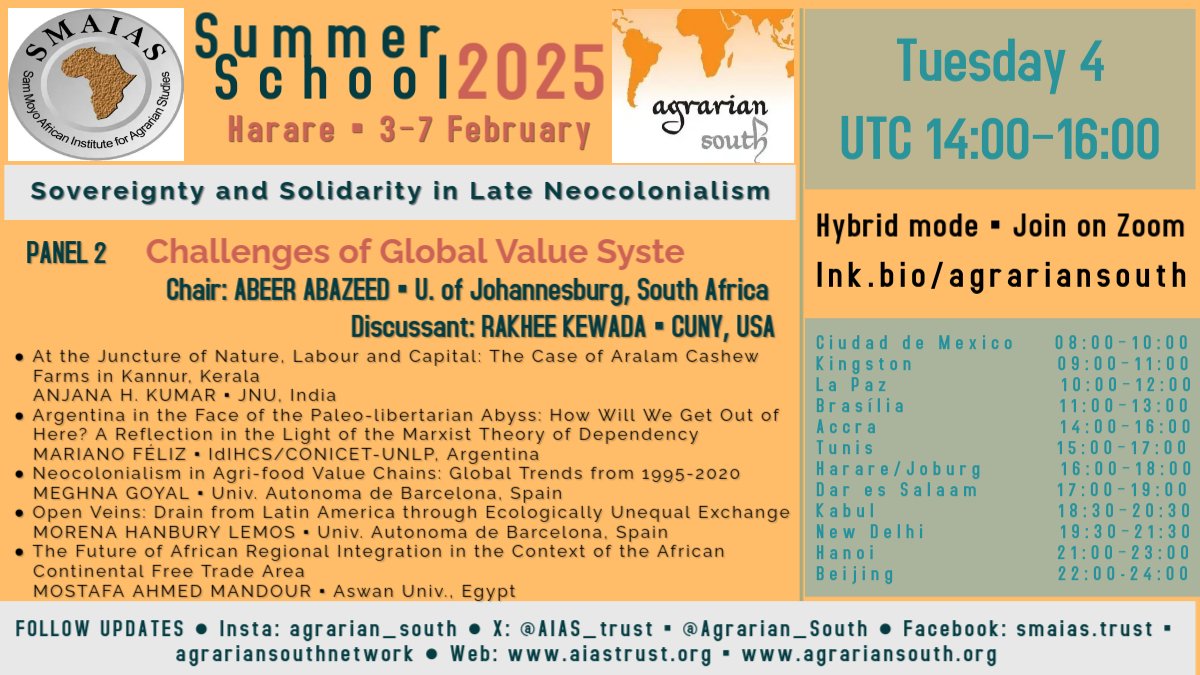 Agrarian_South's tweet photo. SMAIAS-ASN Summer School 2025
Research papers to be presented in five panels, Mon.-Fri., 3-7 Feb.
- See draft papers here:
https://t.co/3f1RYt87s3…
- Join on Zoom: https://t.co/DtzvlxrG1q https://t.co/cgetvdW81y