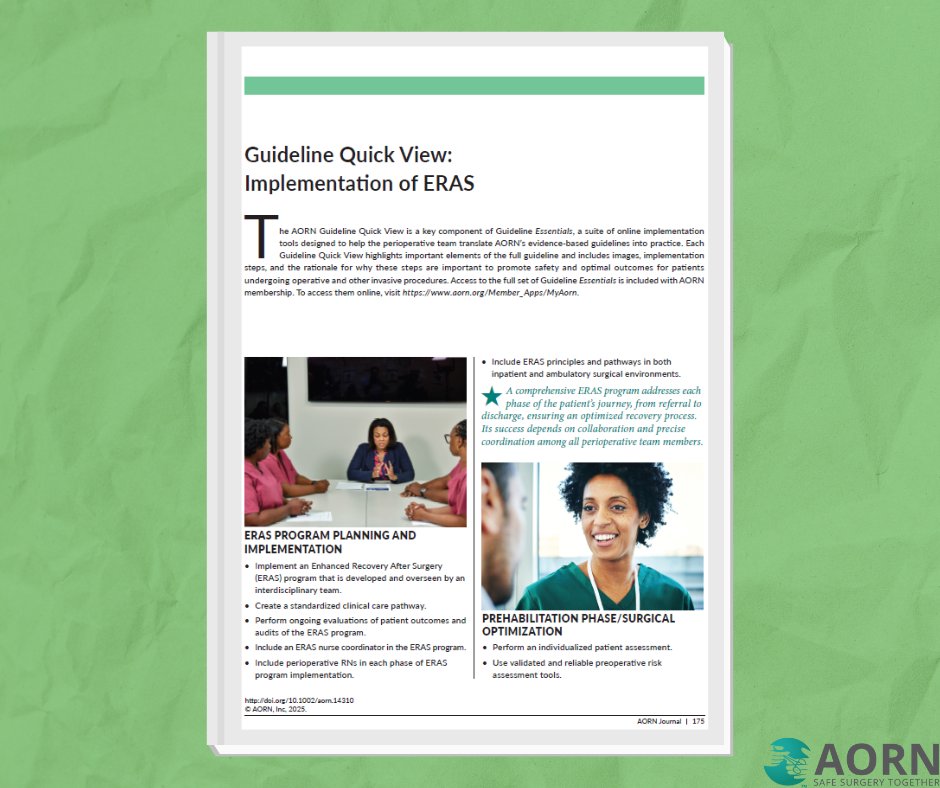 This Guideline Quick View highlights important elements of the Implementation of Enhanced Recovery After Surgery guideline and includes images, implementation steps, and the rationale for why these steps are important to promote safety. 

aornjournal.onlinelibrary.wiley.com/doi/10.1002/ao…