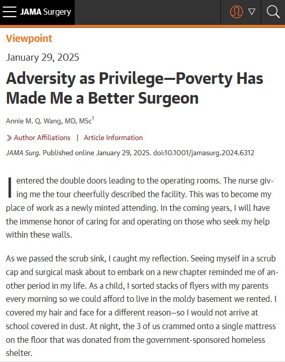 In this Viewpoint, Annie MQ Wang explores how coming from a lower socioeconomic background has made her a better surgeon. ja.ma/4hDiy4g