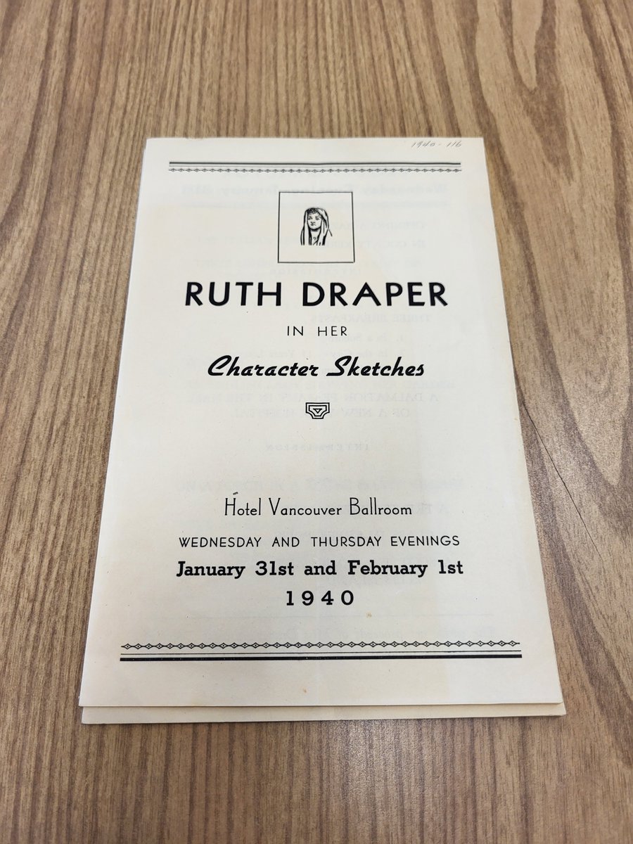 VanArchives's tweet photo. Vancouver has always been a popular stop for entertainers.
Ruth Draper, character artist performed : Hotel Vancouver Ballroom, January 31st and February 1st, 1940
https://t.co/CnmEhNas0G
Ref code: AM1519-: PAM 1940-116
#OnThisDay #Funcouver https://t.co/526vuENuLu