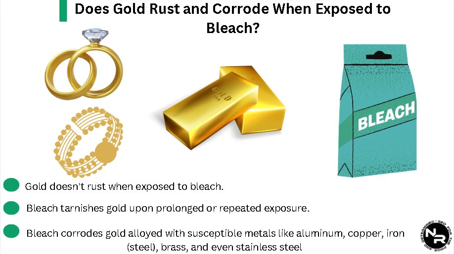 Gold doesn't rust when exposed to bleach. However, bleach tarnishes gold upon prolonged or repeated exposure.nikolaroza.com/does-gold-rust… #corrosion #nikolaroza@NikolaRoza