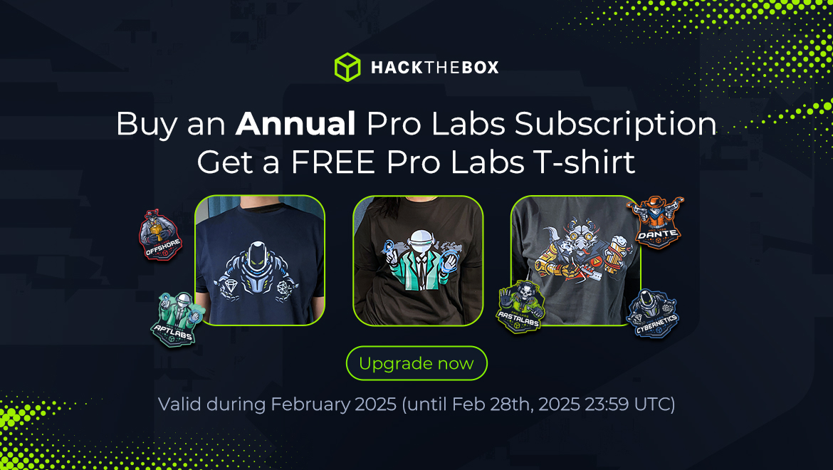 hackthebox_eu's tweet image. But wait, there&apos;s more ✋
Upgrade your subscription to #ProLabs Annual this February and get a FREE t-shirt to match your new conquest! Find out more about our enterprise infrastructure scenarios and become an elite red teamer: okt.to/FzJUa2

#HackTheBox #RedTeaming