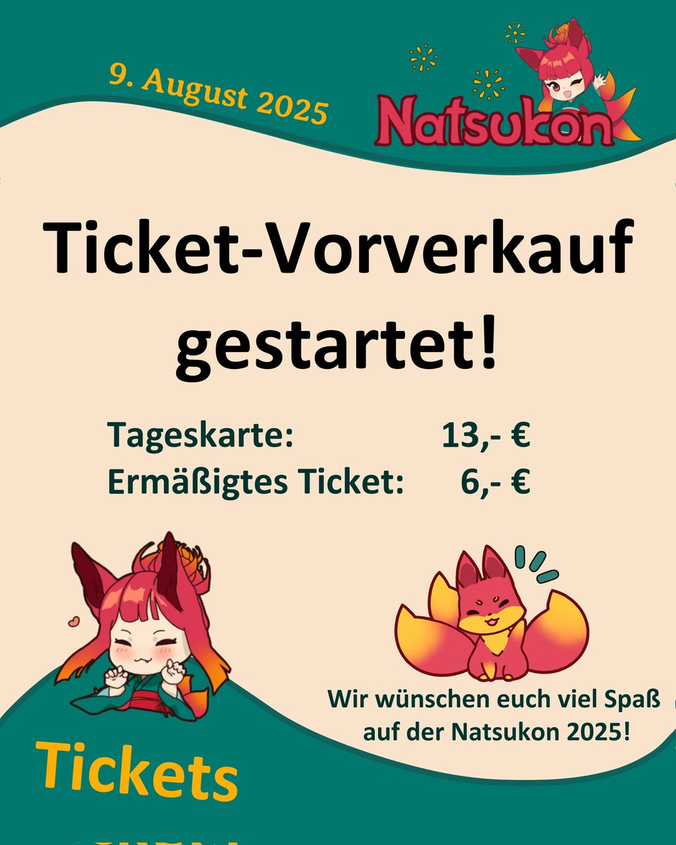 🥁 𝕋𝕚𝕔𝕜𝕖𝕥-𝕍𝕠𝕣𝕧𝕖𝕣𝕜𝕒𝕦𝕗 𝕘𝕖𝕤𝕥𝕒𝕣𝕥𝕖𝕥! 🥁

Ab sofort könnt ihr euch eure Tickets für die Natsukon holen! 🤗

natsukon.de/tickets/