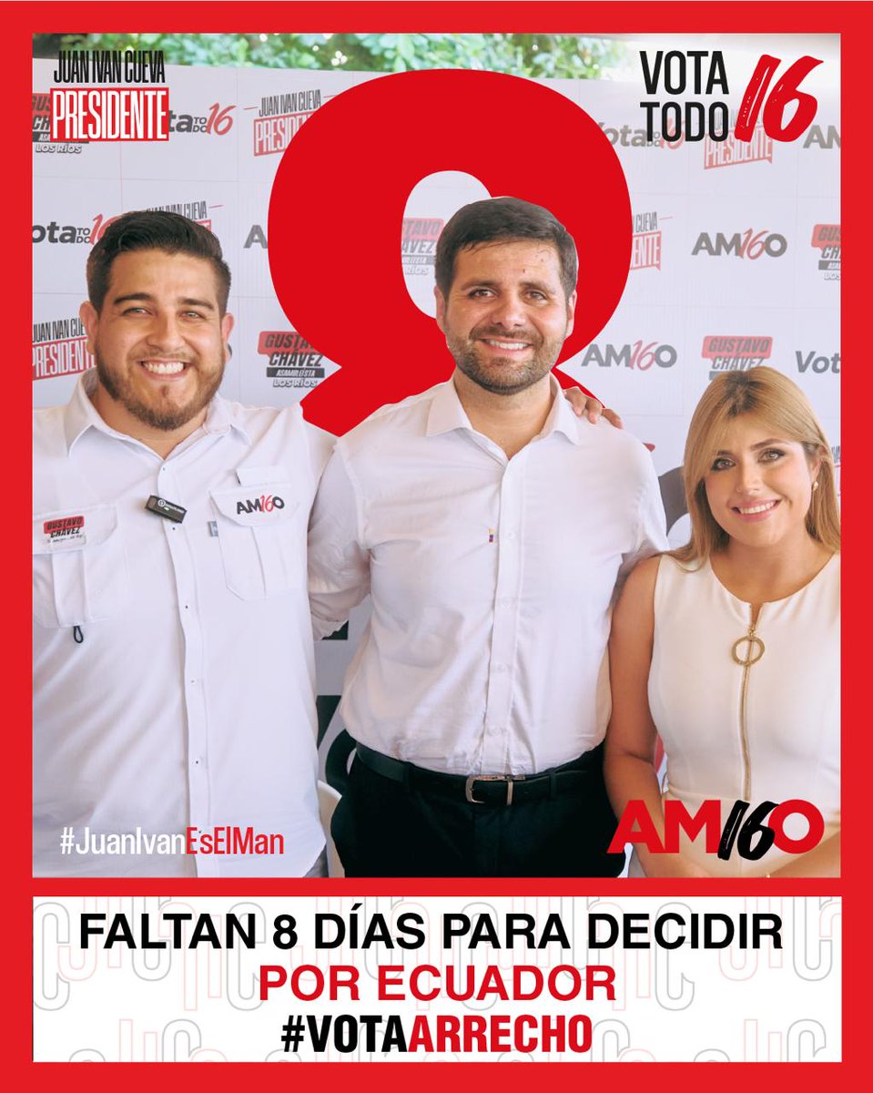 🚨¡Atento 🇪🇨 Ecuador!

Faltan 8 Días para las #EleccionesEcuador2025 

¡Vamos #LosRíos! 
Los mejores asambleístas para la Provincia son <a href="/Gustavochavezn/">Gustavo Chávez Nuques</a> y <a href="/shirarboleda/">Shirley Arboleda</a> 

Vamos a reconciliar al País y Tecnificar el Agro en Los Ríos 

#VotaArrech0
#DefendamosEcuador