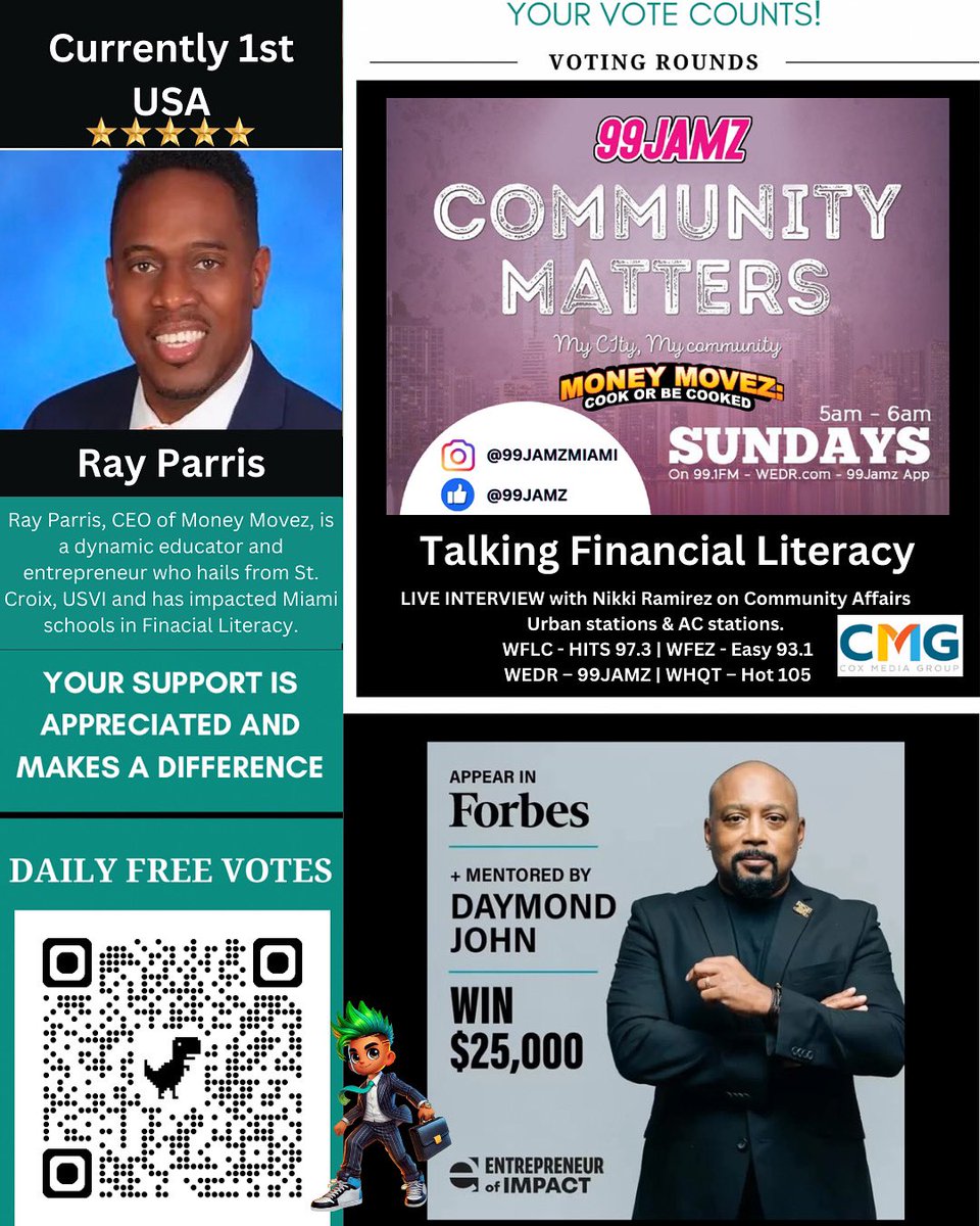 This Sunday, I’ll be LIVE on 99 Jamz Community Matters with Niki Ramirez on Community Affairs—Miami’s top urban station! 🎙️🔥

Tune in from 5 AM - 6 AM board game &amp; mobile app, Money Movez: Cook or Be Cooked! 💰🎲
👉 Vote for me here: entrepreneurofimpact.org/2025/ray-parris
