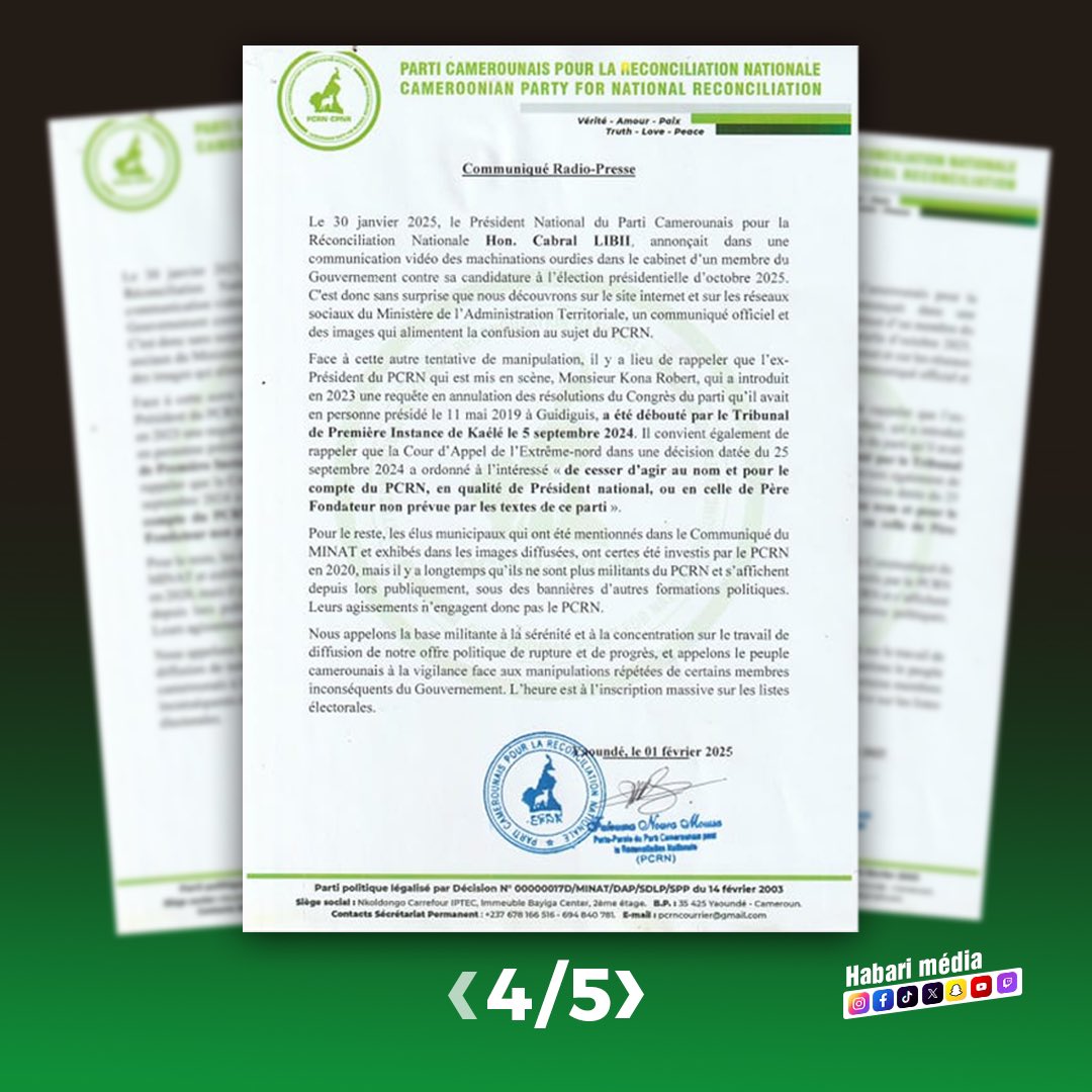 Habari_Media's tweet photo. "Présidentielle 2025 : Le PCRN crie au complot et dénonce des manœuvres politiques !"
#Cameroun #Présidentielle2025 #PCRN #CabralLibii #ManipulationPolitique #Démocratie #Élections https://t.co/wXOfwcuLwn