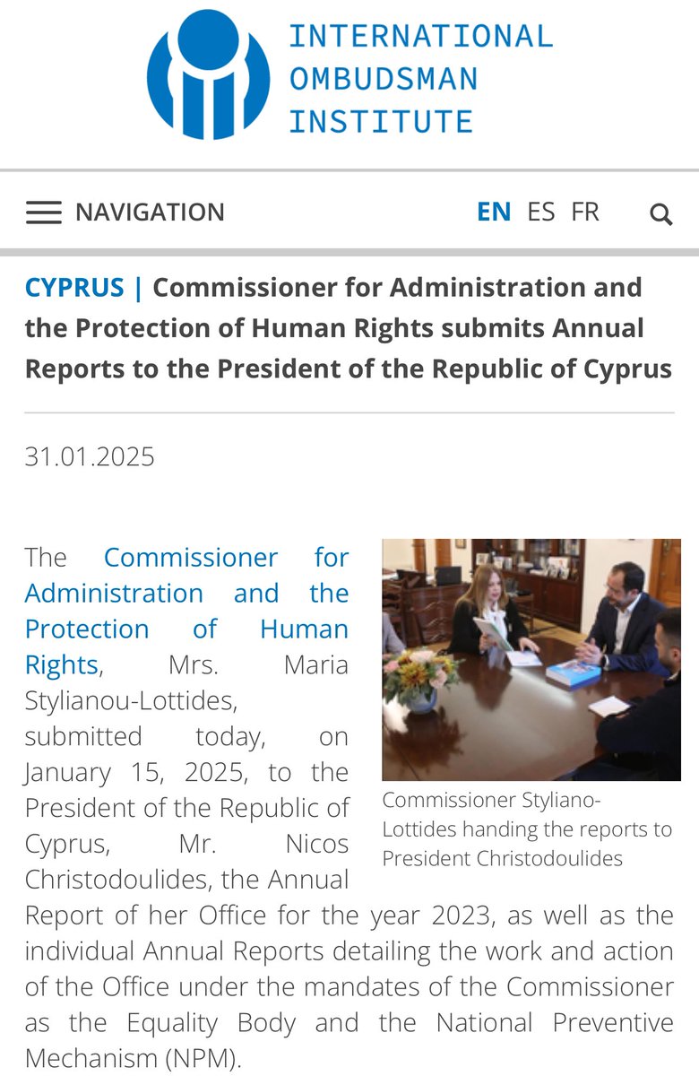 Special reference from <a href="/the_ioi/">IOI</a> to the submission of the Annual Reports of <a href="/CYOmbudsman/">Cyprus Ombudsman</a> Mrs Maria Stylianou-Lottides, to the President of the Republic of #Cyprus, Mr. Nikos Christodoulides.

▶️  shorturl.at/JhHno