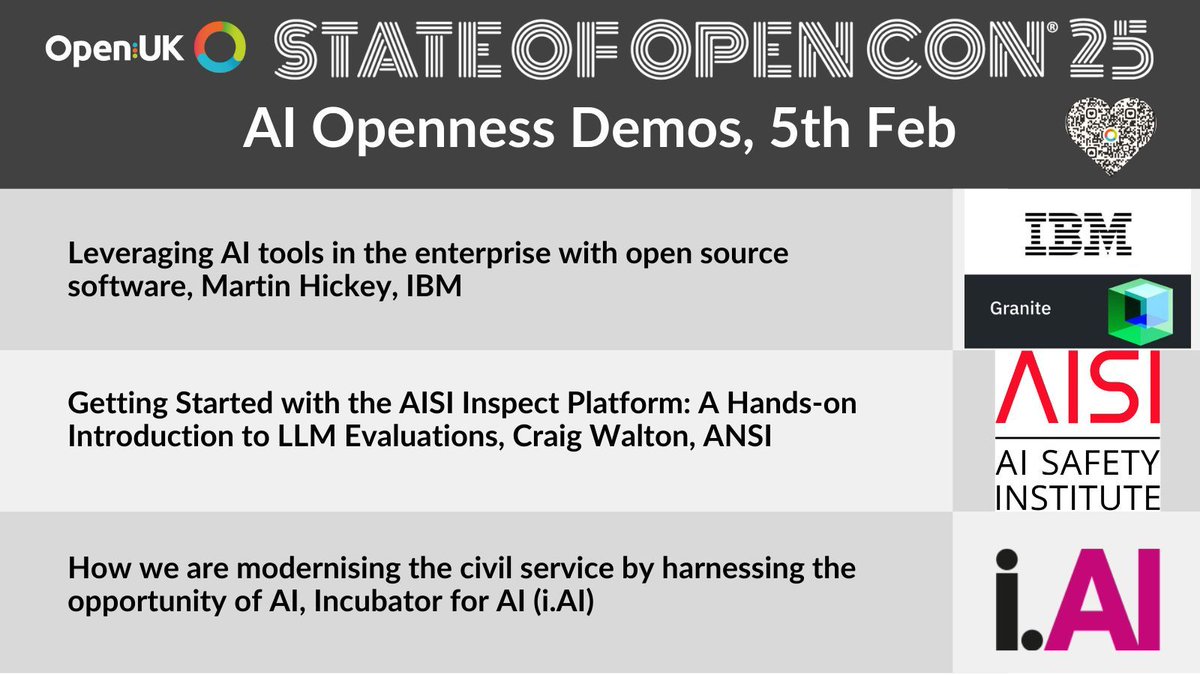 Dig deep into understanding AI with demos from <a href="/IBM/">IBM</a> Granite LLM, the UK @AISafetyInst's open source Inspect LLM Evaluation Platform and <a href="/i_dot_ai/">Incubator for Artificial Intelligence</a> at SOOCon25's AI Openness Day, will be greater than places. Booking on the day only, in person. Anyone not in attendance 5 minutes