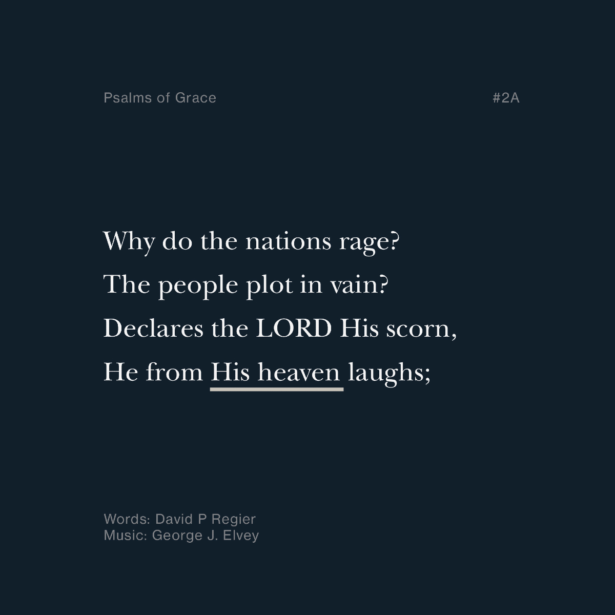 HymnsofGrace's tweet photo. Why do the nations rage?
The people plot in vain?
Declares the LORD His scorn,
He from His heaven laughs:
Why Do the Nations Rage?
Words: David P. Regier
Music: George J. Elvey
Psalm 2A
Have you purchased your copy of Psalms of Grace?
https://t.co/OZT1LQwShB
#psalmsofgrace #hymnsofgrace #worship #lsb #gracecommunitychurch #musicalresources