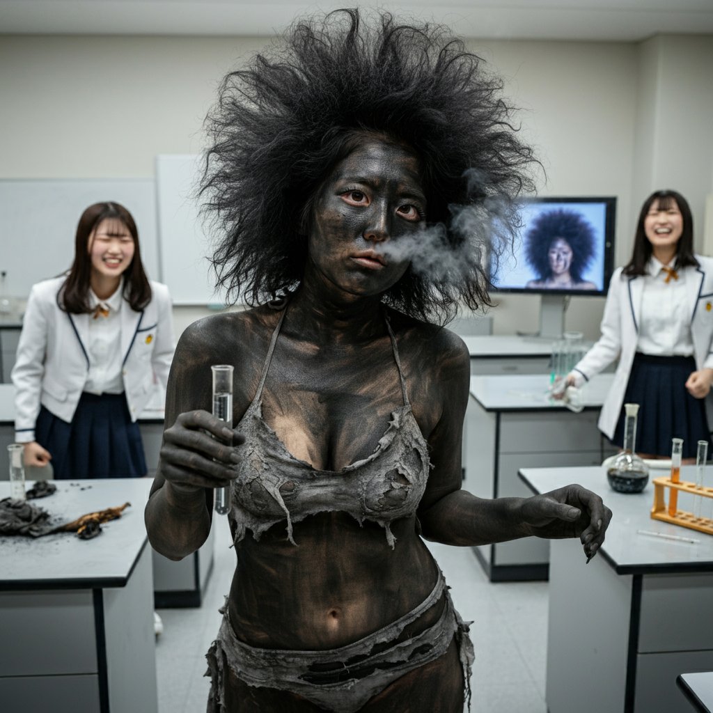 学校で実験失敗により1人だけ爆発して黒焦げのほぼ半裸になってしまい、同級生に笑われる女の子。
#黒焦げ　#AI生成　#爆発オチ　#messy　#服ビリ　#ギャグリョナ　#ギャグやられ　#実写AI　#アフロ気味