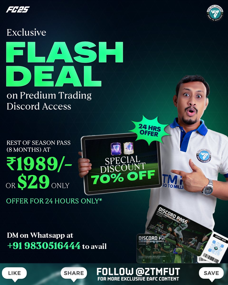 ztmfut's tweet photo. 🚨Premium Trading Discord: Insane profit in the last 3 days 🪙🤑

🚀For the next 24 hours, the yearly pass is only $29 🫡

🤙Guarantee your entry via DM or WhatsApp at +919830516444

💥Offer ends in 24 Hours from now https://t.co/ozLlhDXBHN