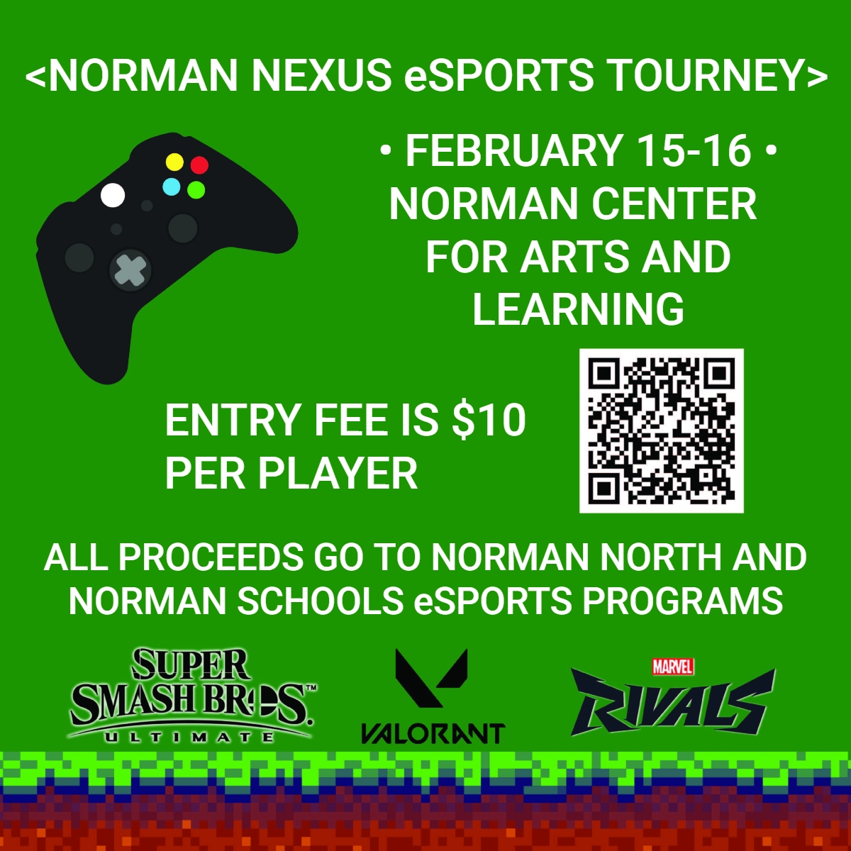 NormanSchools's tweet photo. 🎮 Calling all gamers! Think you have what it takes to be the champ? Sign up now for our Nexus eSports Tourney and show off your skills! 🏆🔥

📅 Feb. 15-16
📍 Center for Arts and Learning
🎟️ Register at https://t.co/JAuKzYGAVq

Don’t miss out on the action! 🚀 #NPSProud https://t.co/sefUJKzu0U