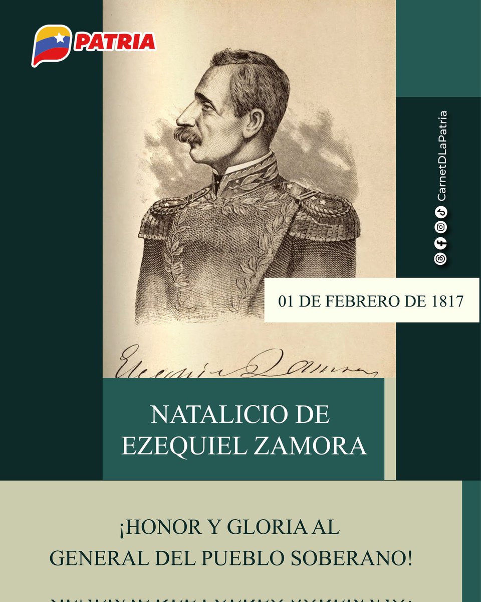 El #SistemaPatria junto a las y los venezolanos, conmemora hoy #1Feb los 208 años del nacimiento del general Ezequiel Zamora, luchador por la defensa de los derechos del pueblo.

¡Tierra y hombres libres! 🇻🇪