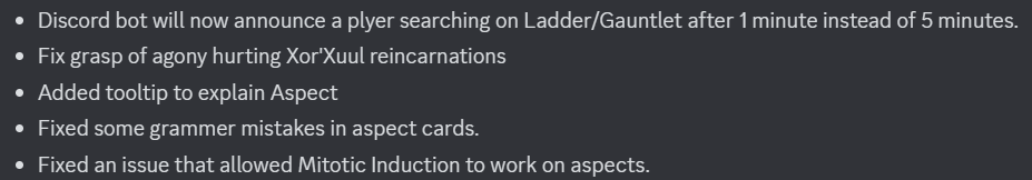Duelystgg's tweet photo. Patch:
-Fix grasp of agony hurting Xor'Xuul reincarnations
-Added tooltip to explain Aspect
-Fixed some grammar mistakes in aspect cards.
-Fixed an issue that allowed Mitotic Induction to work on aspects.
#duelyst #duelystGG #gamedev #videogame https://t.co/7lGI8Unl16