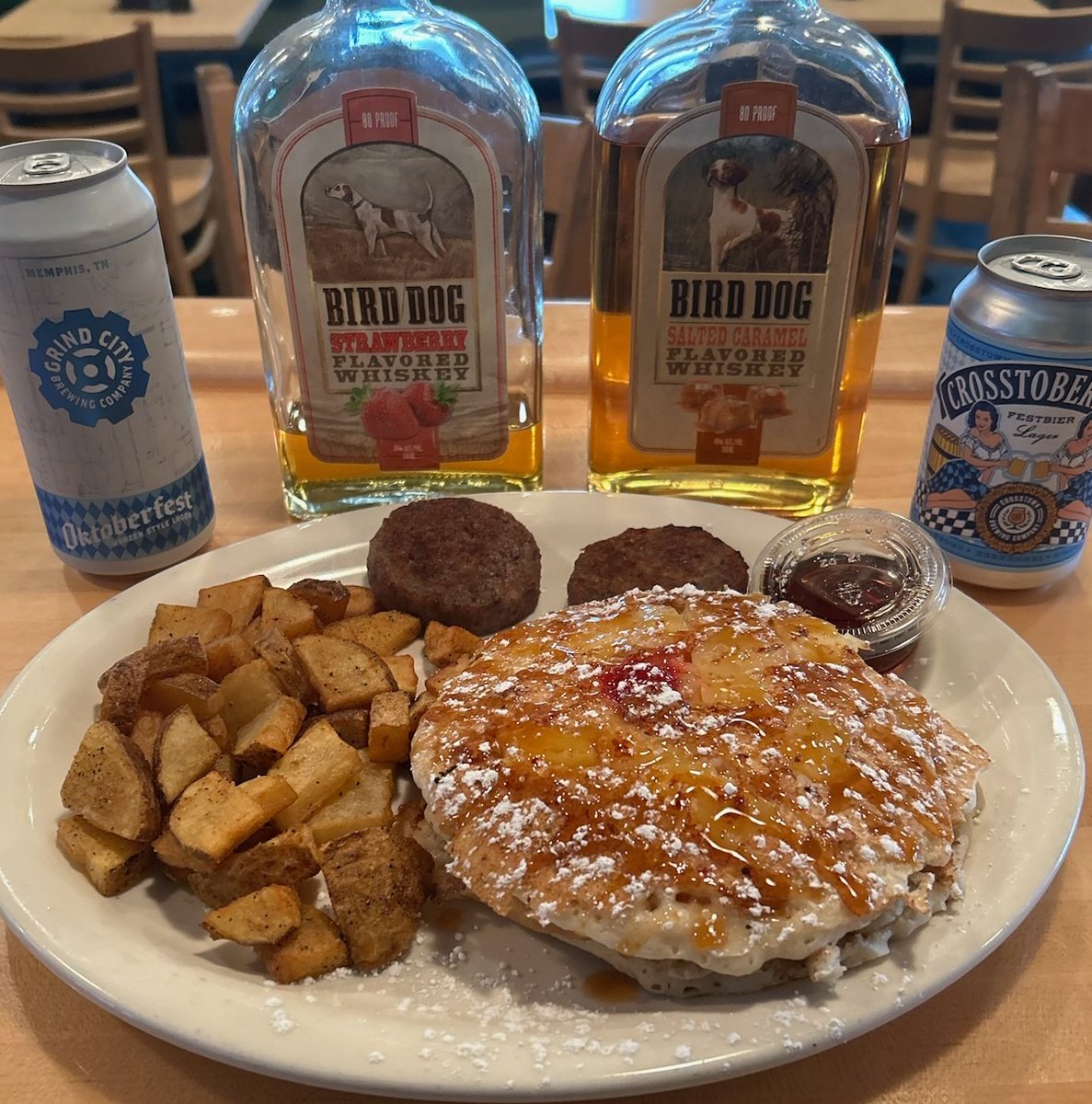 Today’s Brunch Special are Pineapple upside down pancakes, with potatoes, and sausage, bacon, or veggie sausage. Also, fire sale on our remaining Oktoberfest beers from Grind City and Crosstown- $3.50, and Birddog whiskey, caramel and strawberry flavors- $3.00