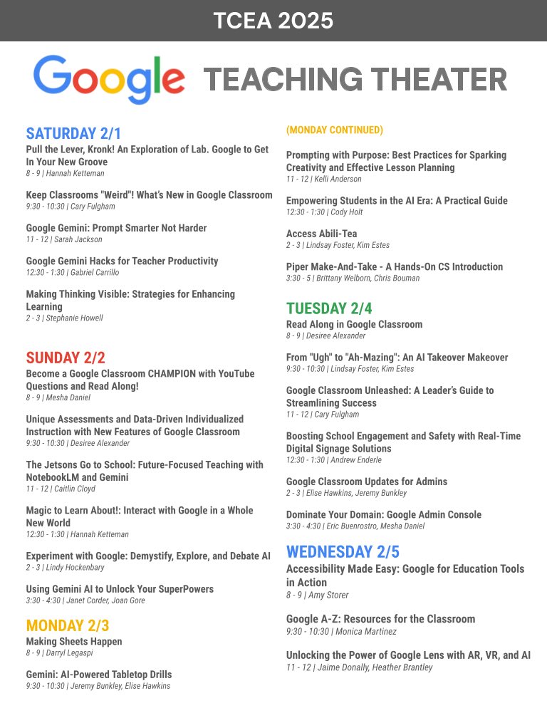 Don’t miss the Google Teaching Theater at #TCEA2025! Head to Ballroom C for hands-on learning and innovative ideas from amazing educators. Check the flyer for the line up.