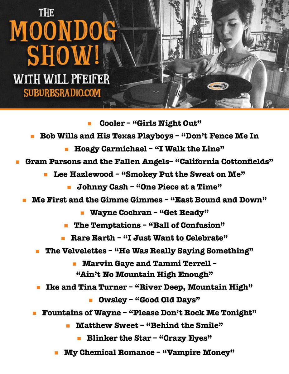 Tune in today at 4 PM ET/ 3PM CT for the replay of this week's Moondog Show.

Check out the list below to see the songs I'll be playing, then head on over to  suburbspod.com/radio/