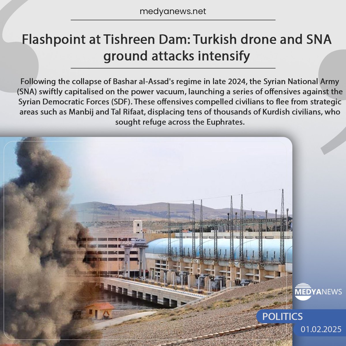 1MedyaNews's tweet photo. Amidst the relentless bombardment, civilians near Tishreen Dam persist in their resistance. Despite heavy assaults, including airstrikes, artillery, and Turkish drone strikes, their resolve remains strong.
#Syria #TishreenDam #Resistance #SDF #TurkishOccupation
🔗https://t.co/JsOEFxRzsi
