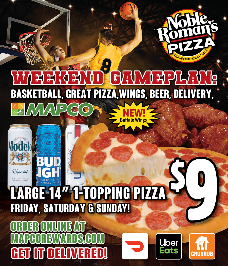 $9 Large 1-Topping Pizzas this weekend only! 🍕🏀 Get your game on with Noble Roman's! Stop in or get it delivered.

bit.ly/4f9uHxi

#NobleRomansatMAPCO #Pizza #Wings #Beer #Delivery #GameDay