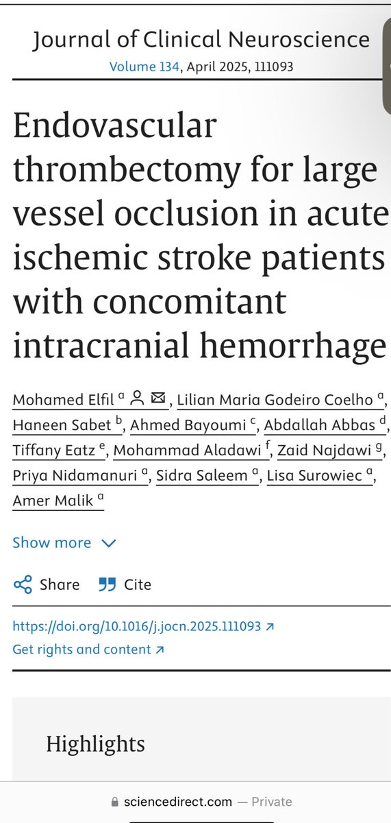 Tiffany Eatz (@tiffanyeatz) on Twitter photo Endovascular thrombectomy for large vessel occlusion in acute ischemic stroke:
sciencedirect.com/science/articl…
Shoutout to <a href="/UMiamiHealth/">UMiami Health System</a> Vascular Neurology Department and the remarkable leader and rising expert neurointerventionalist,
<a href="/MohamedElfilMD/">Mohamed Elfil, MD</a> for including me. ⭐️ Endovascular thrombectomy for large vessel occlusion in acute ischemic stroke:
sciencedirect.com/science/articl…
Shoutout to <a href="/UMiamiHealth/">UMiami Health System</a> Vascular Neurology Department and the remarkable leader and rising expert neurointerventionalist,
<a href="/MohamedElfilMD/">Mohamed Elfil, MD</a> for including me. ⭐️