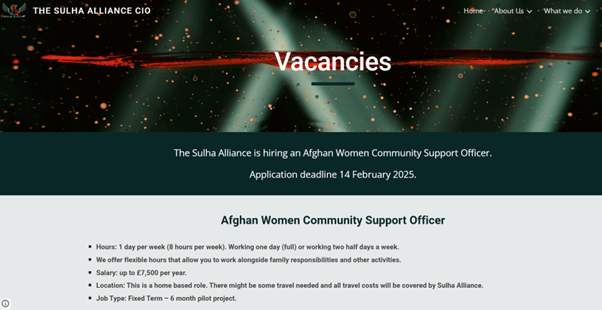 We are hiring an Afghan Women Community Support Officer to support the wives &amp; female relatives of Afghan Interpreters and Locally Employed Civilians, who worked for the British Army and now live in the UK.

Application deadline 14 Feb 2025.
sulha-alliance.org/about-us/vacan…