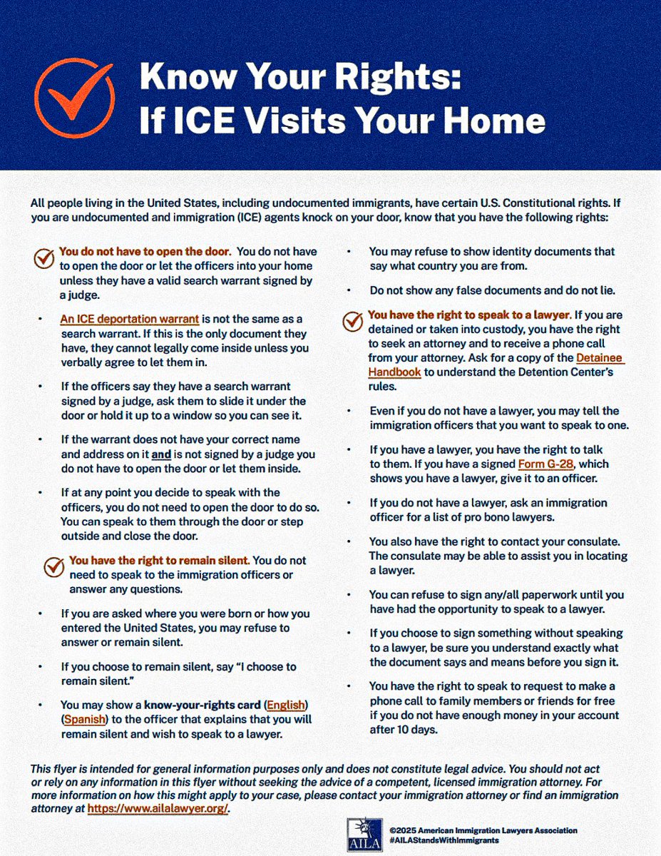 CDFR_INFO's tweet photo. Know Your Rights! 🚨 You don’t have to open the door for ICE without a judge-signed warrant. You have the right to remain silent &amp; speak to a lawyer. Stay informed, stay safe! More info: https://t.co/MaJ2rcfbRW
#KnowYourRights #ImmigrantRights #CDFR https://t.co/e5aEOO9hzd