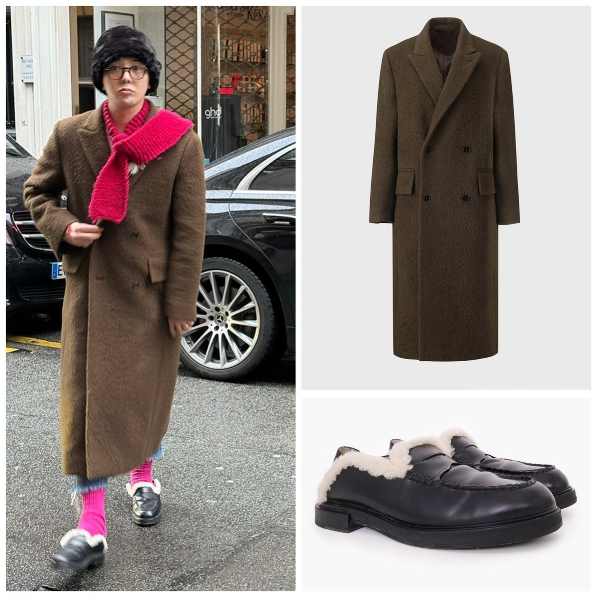 bubles1028's tweet photo. 01/30/2025 @8low8low8lowme ig post @IBGDRGN wearing @lhasofficial 
L'HAS 
[DE BASE] DOUBLE BREASTED MENS COAT_BROWN 
₩698,000 
@Fendi 
FENDI BLACK LEATHER/SHEARLING PENNY SLIP-ON LOAFERS
$1,150

#gdstyle #gdfashion #gdragon #lhas #fendi https://t.co/fEVKCykPX1