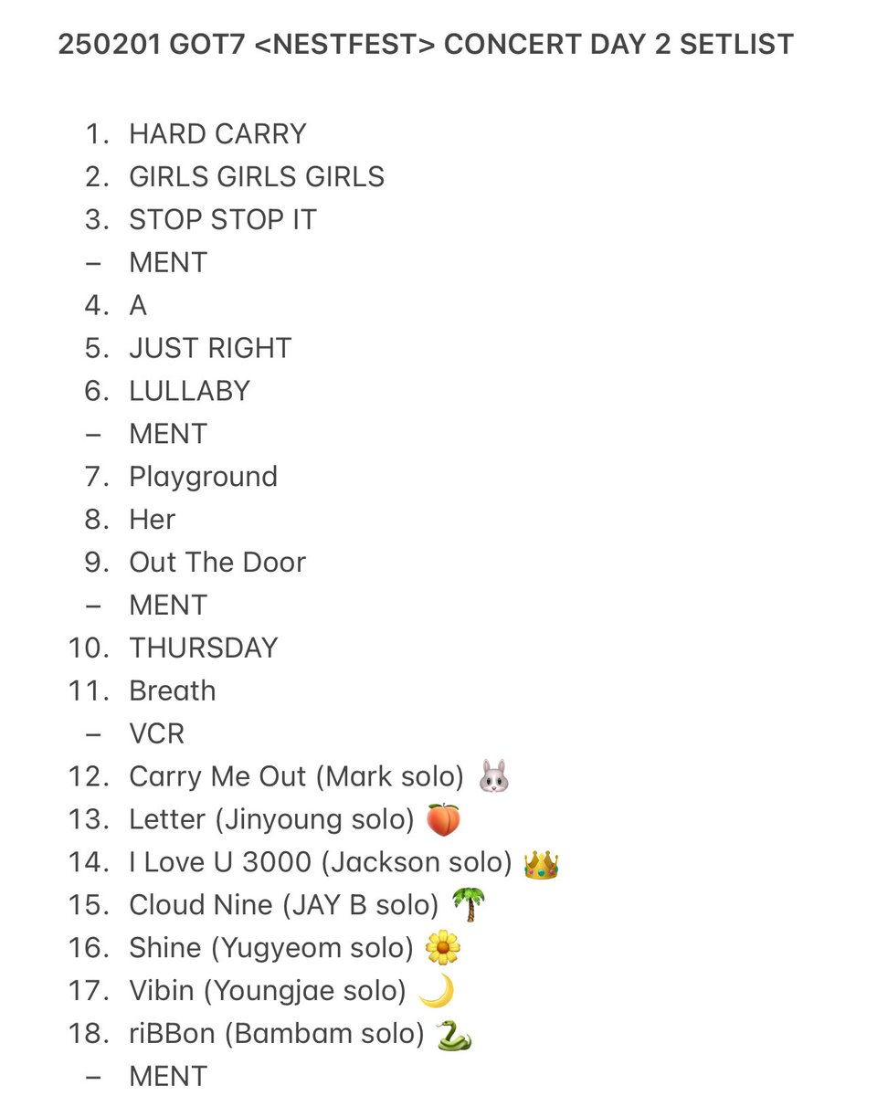 imjaebooms's tweet image. 250201 GOT7 &amp;lt;NESTFEST&amp;gt; CONCERT DAY 2 SETLIST 

(everything the same except Encore)

NESTFEST DAY 2
#GOT7_NESTFEST_Day2
#GOT7_NESTFEST
#GOT7 #갓세븐 @GOT7Official
