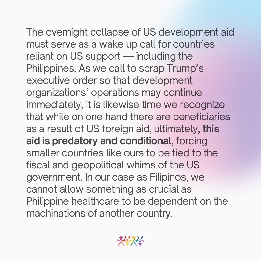 Bahaghari_PH's tweet photo. Bahaghari’s statement on Donald Trump’s executive order freezing all US foreign aid

“The abrupt pullout of US foreign aid is a disaster for LGBTQ+ Filipinos, and a call to action for PH govt to pursue independent healthcare funding + national industries.”

#DownWithUSImperialism https://t.co/W7HFL55da5