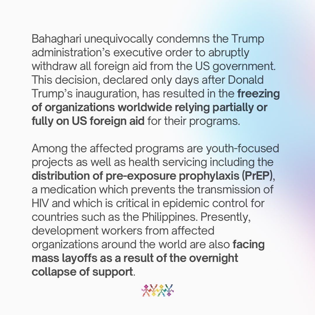 Bahaghari_PH's tweet photo. Bahaghari’s statement on Donald Trump’s executive order freezing all US foreign aid

“The abrupt pullout of US foreign aid is a disaster for LGBTQ+ Filipinos, and a call to action for PH govt to pursue independent healthcare funding + national industries.”

#DownWithUSImperialism https://t.co/W7HFL55da5