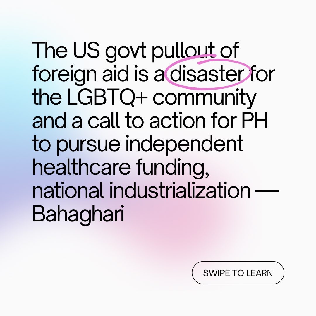 Bahaghari_PH's tweet photo. Bahaghari’s statement on Donald Trump’s executive order freezing all US foreign aid

“The abrupt pullout of US foreign aid is a disaster for LGBTQ+ Filipinos, and a call to action for PH govt to pursue independent healthcare funding + national industries.”

#DownWithUSImperialism https://t.co/W7HFL55da5