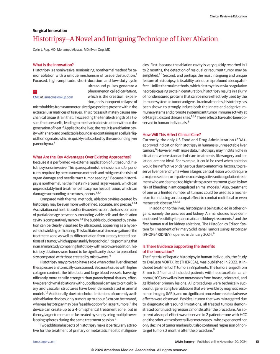 Histotripsy is a noninvasive, nonthermal method for tumor ablation using ultrasound-induced cavitation, offering precise tissue destruction without heat. Learn more in JAMA Surgery's Surgical Innovation article. ja.ma/4hcucDq