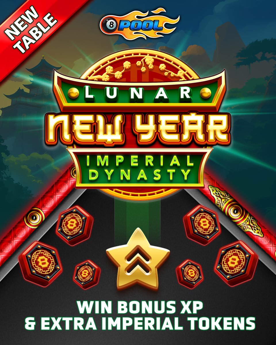 8ballpool's tweet photo. NEW Lunar New Year Table ✨

🎱 Unleash your skills to win #BonusXP, plus extra #ImperialTokens for your choice of rewards in the #ImperialShop.

🗓️ Available until Tue Feb 4

Play Now » https://t.co/PmOcNOU9l0

#8BallPool #ImperialDynasty https://t.co/DF2thjHTwq