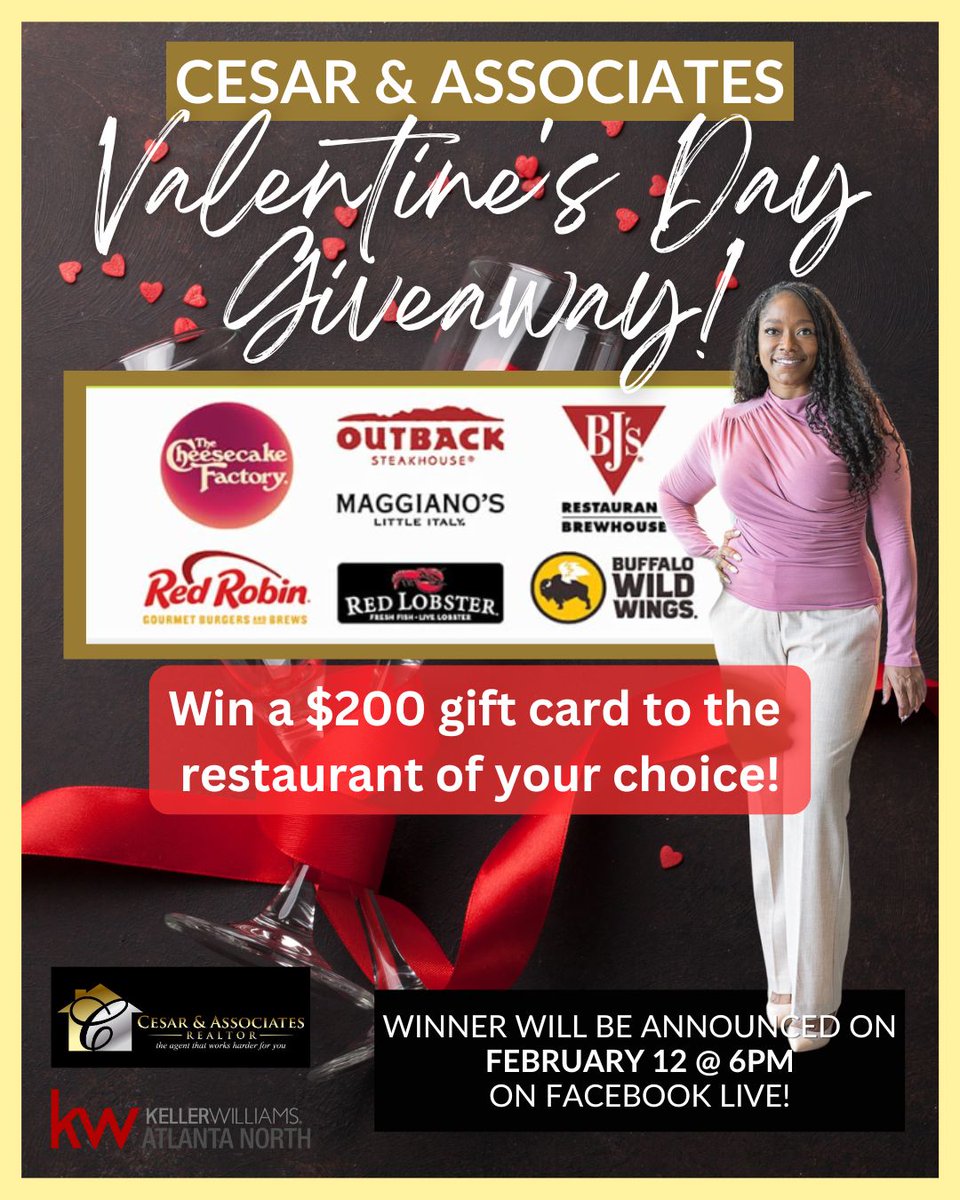 CesarAssociates's tweet photo. We’re spreading the love this Valentine’s season with a special giveaway just for YOU! 🎁
💖 Win a $200 Restaurant Gift Card Just in Time for Valentine’s Day! 💖
To JOIN, simply sign up here: https://t.co/TUxdLNkQZN 
#ValentinesDayGiveaway #StayTuned #SpreadTheLove #Giveaway https://t.co/IvzNYyDmFy