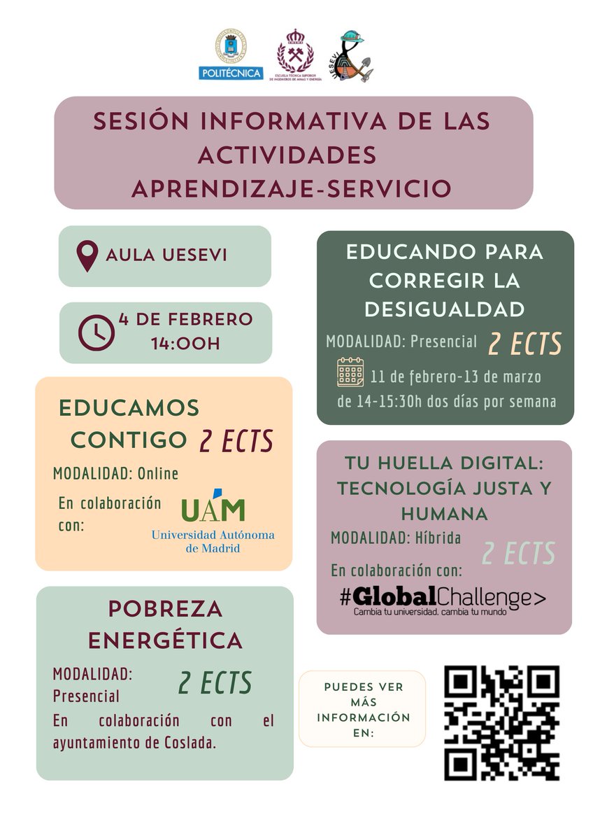 minasenergiaupm's tweet photo. 📣Sí necesitas créditos no te pierdas la sesión informativa de las Actividades de Aprendizaje-Servicio📣 @UESEVI
#ETSIME #UESEVI #somosupm https://t.co/Uoajwo7v6K