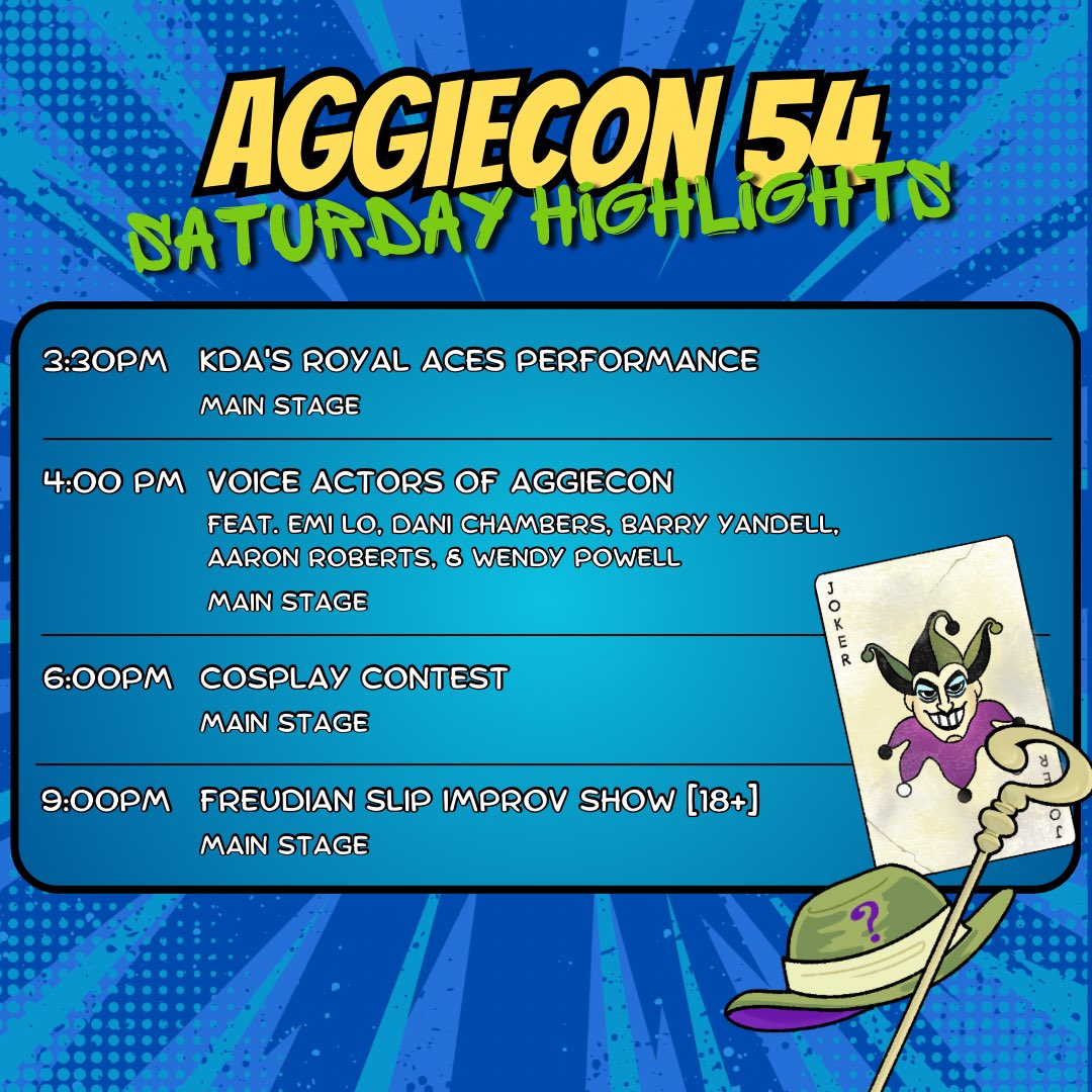 Aggie_Con's tweet photo. Good Morning! These are our highlights on our schedule today for the first day of AggieCon! We hope to see you at the convention today and hope you have a wonderful time. Tickets can still be purchased at the door! https://t.co/f4e7GOKSlk