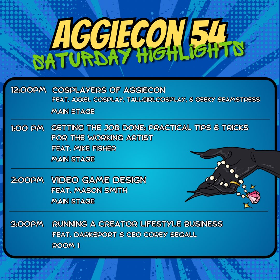 Aggie_Con's tweet photo. Good Morning! These are our highlights on our schedule today for the first day of AggieCon! We hope to see you at the convention today and hope you have a wonderful time. Tickets can still be purchased at the door! https://t.co/f4e7GOKSlk