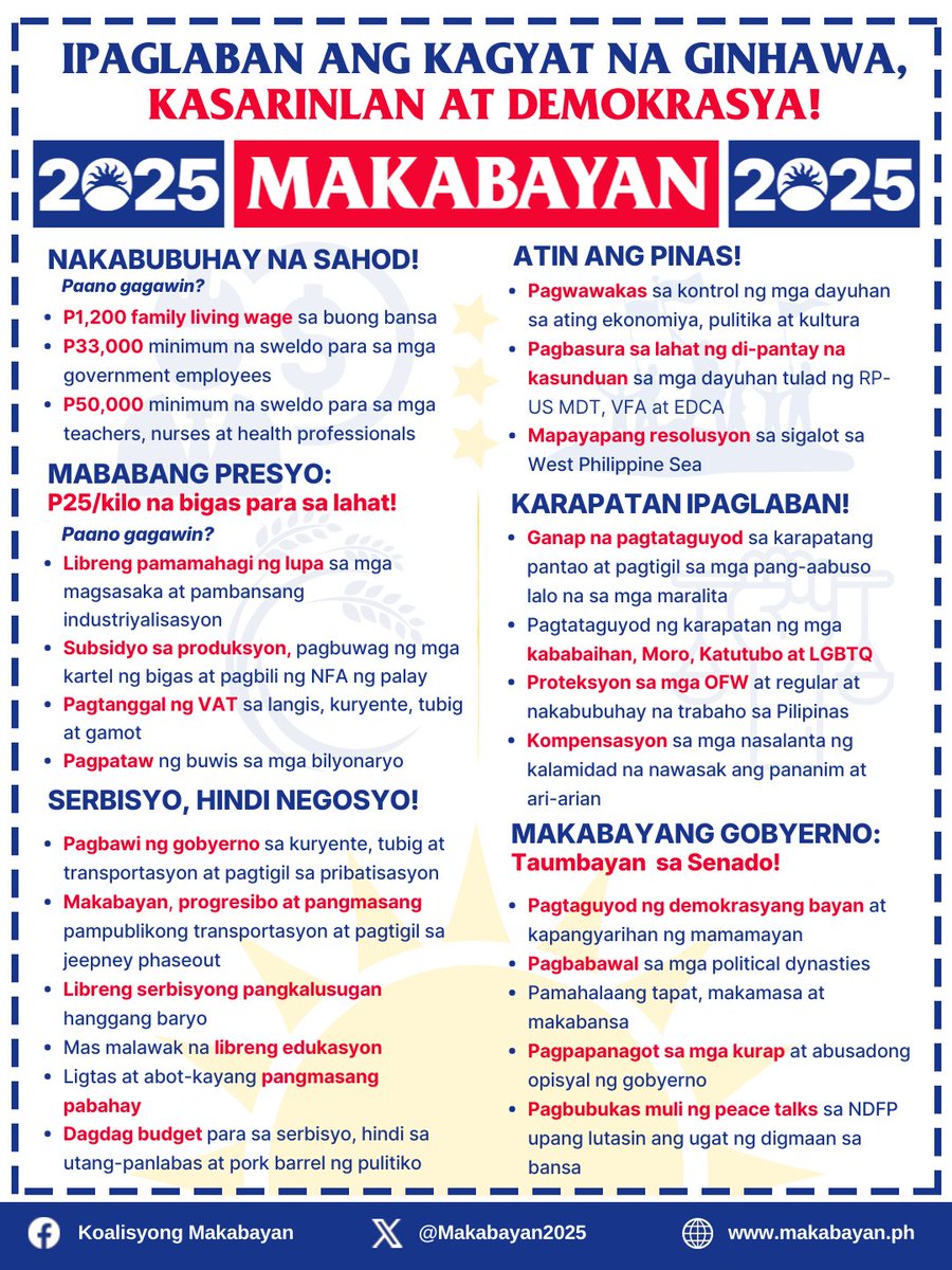 Watching #TanongNgBayan, ito ang #TaumbayanSaSenado at plataporma nila. Bagong mukha at pulitika, hindi  political dynasty, at hindi magnanakaw. 

The Makabayan slate is a glimpse into a national-democratic vision of people's governance.