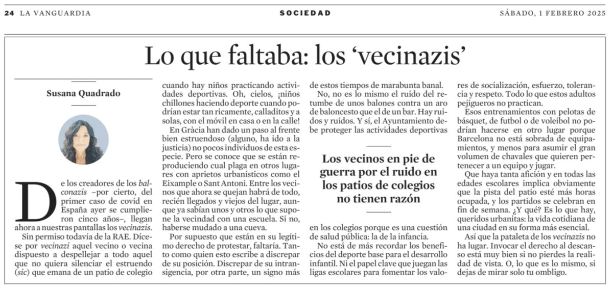 Albert Vico Piña (@albertvico) on Twitter photo "Veïnazi" és el veí disposat a escorxar tots els que no vulguin silenciar el terrabastall (sic) que emana d’un pati de col·legi quan hi ha nens practicant-hi activitats esportives.
Els prefereixen tancats a casa, ben calladets i amb el mòbil.
* via <a href="/goncrespo1/">Gonzalo Crespo</a> i <a href="/LaVanguardia/">La Vanguardia</a> "Veïnazi" és el veí disposat a escorxar tots els que no vulguin silenciar el terrabastall (sic) que emana d’un pati de col·legi quan hi ha nens practicant-hi activitats esportives.
Els prefereixen tancats a casa, ben calladets i amb el mòbil.
* via <a href="/goncrespo1/">Gonzalo Crespo</a> i <a href="/LaVanguardia/">La Vanguardia</a>