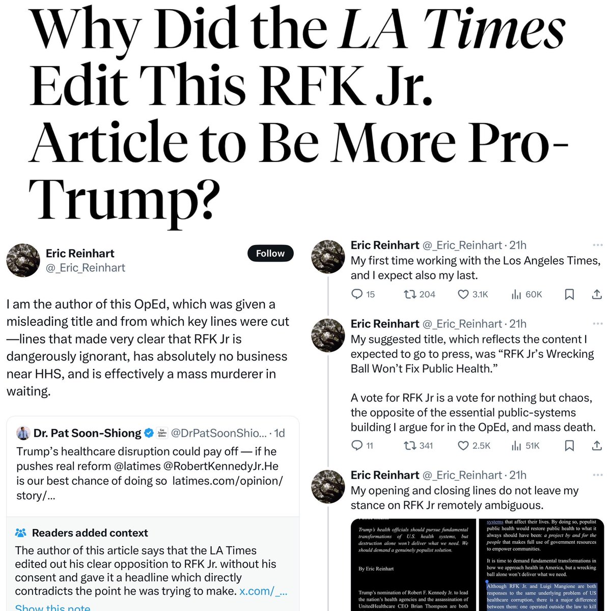 An op-ed writer says the <a href="/latimes/">Los Angeles Times</a> gave his RFK JR. piece a misleading title and took out critical lines. 

Not great, <a href="/latimes/">Los Angeles Times</a>. Not great. 

newrepublic.com/post/191007/la…