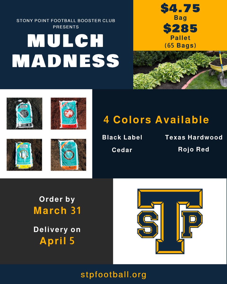 Stony Point Football’s Mulch Madness is BACK! Order by March 31 to snag bags at just $4.75 each or go big &amp; order by the pallet. Support our team and spruce up your yard—get your mulch for spring! FREE delivery!

Order: stpfootball.org/mulch-madness/

#MulchMadness #SupportTigerFootball