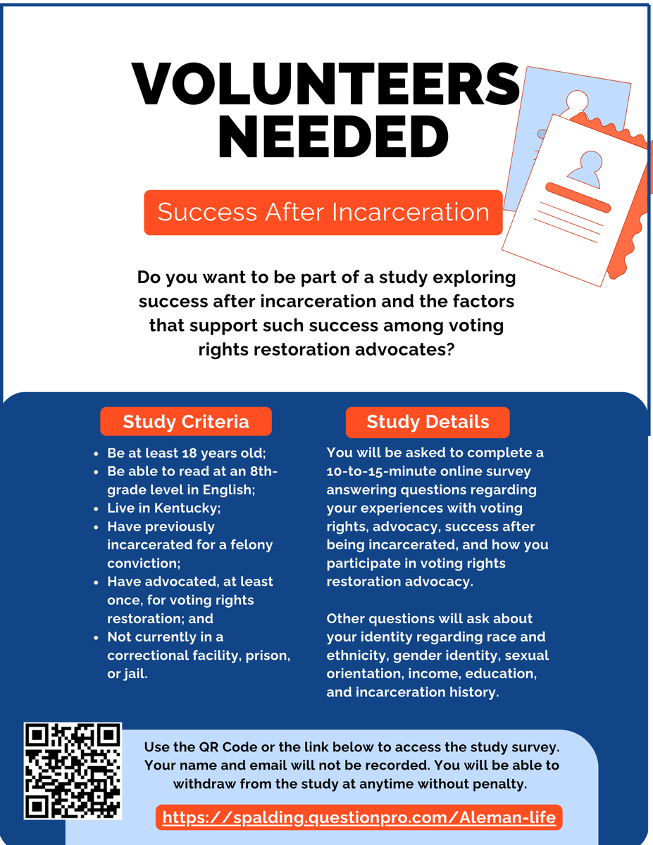 You are invited to participate in my research study. This study is about success after incarceration in Kentucky. This study seeks to explore key elements that support success after imprisonment in Kentucky.  🧵