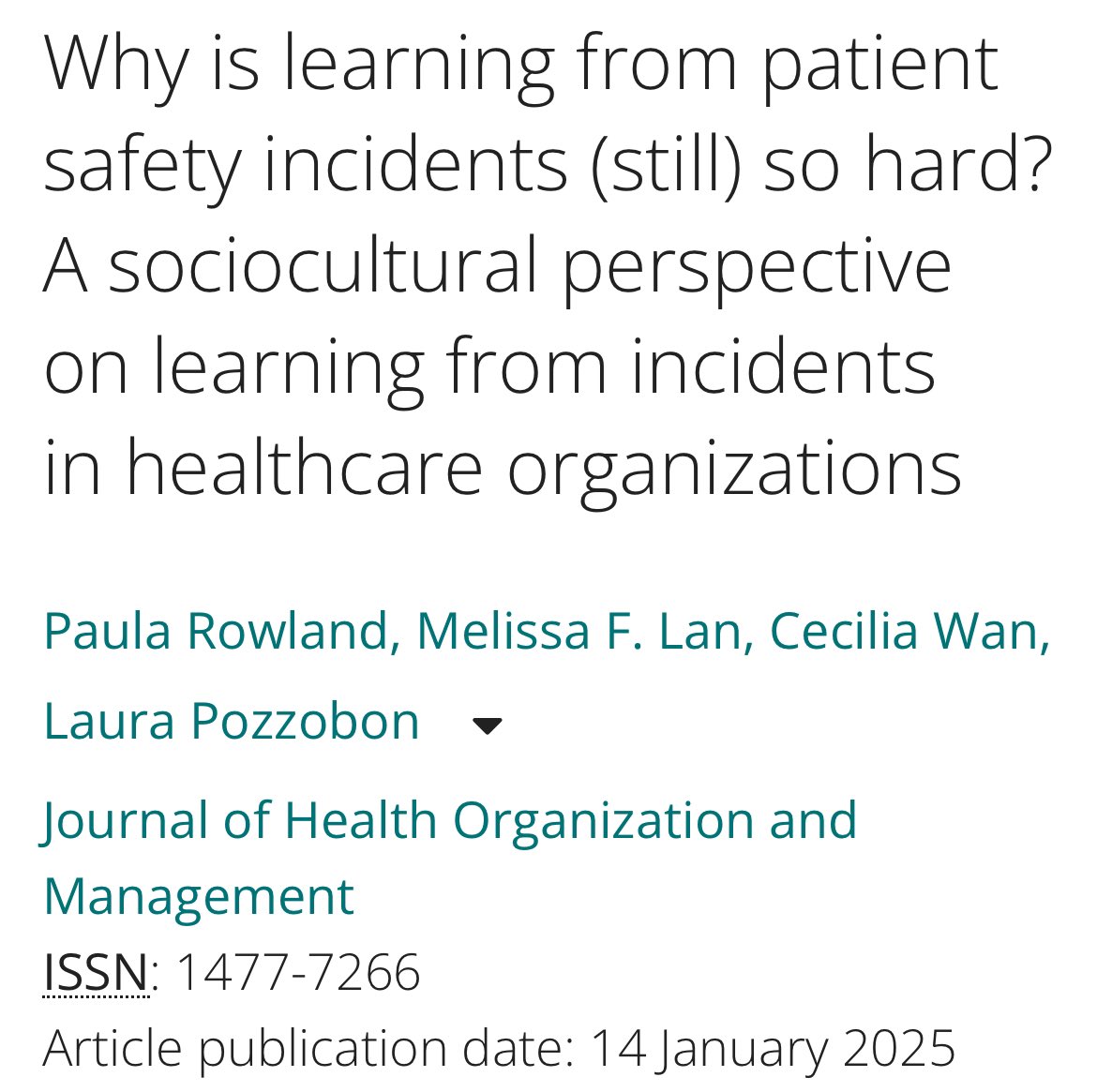 lauradpozz's tweet image. Learning from patient safety incidents is STILL a challenge. We interviewed staff &amp;amp; physicians about their incident learning experiences. We call for more research on #PatientSafetySpecialists and #organizationallearning, and more collaborations with learning sciences
