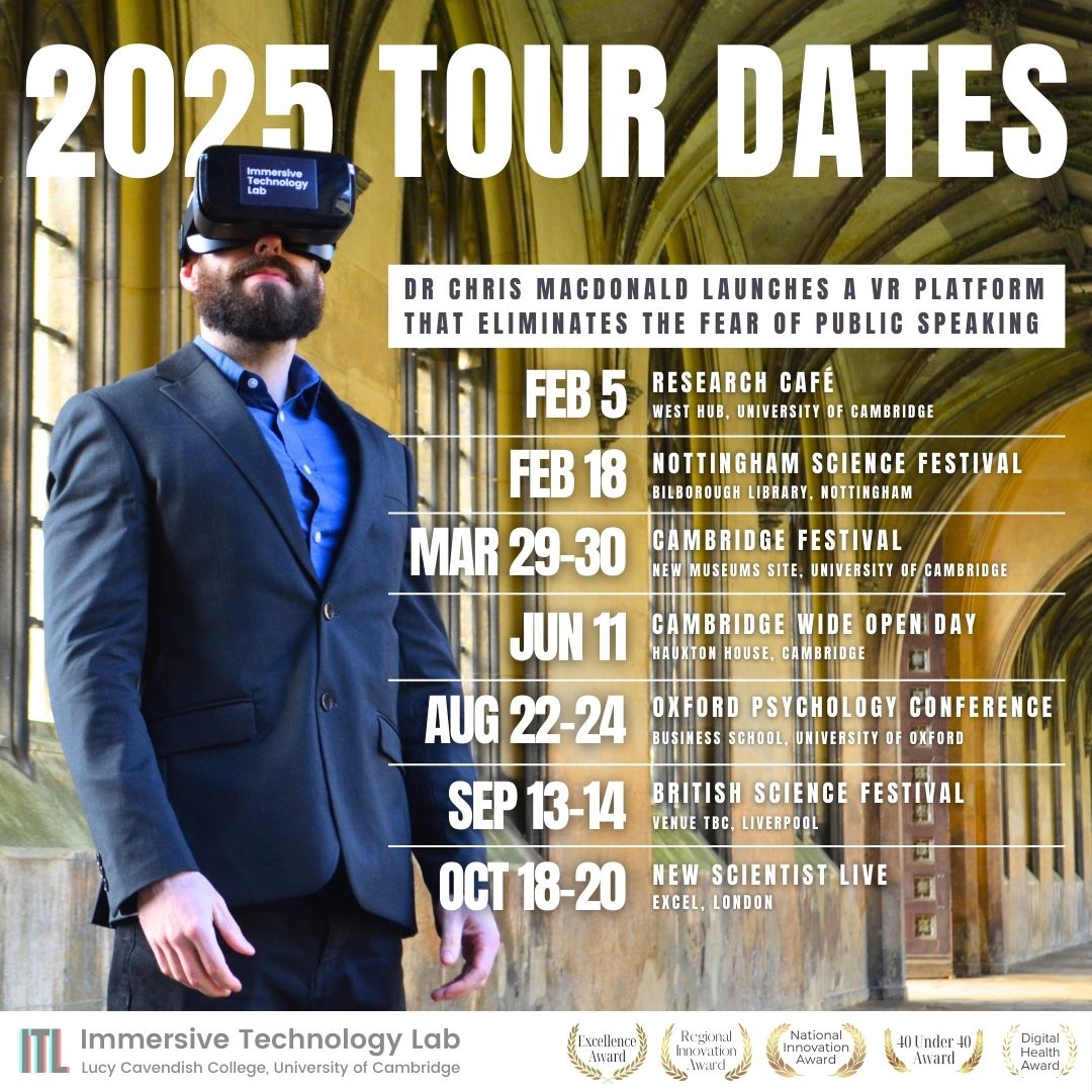 Dr Chris Macdonald (@cmacdonaldphd) on Twitter photo 🚨 Big news!
I'm going on another tour!
I will be exhibiting my new #virtualreality platform that eliminates the fear of #publicspeaking - anyone who attends will be given early access to the platform so they can use it at home for free! - so be sure to come and say hello 👋 🚨 Big news!
I'm going on another tour!
I will be exhibiting my new #virtualreality platform that eliminates the fear of #publicspeaking - anyone who attends will be given early access to the platform so they can use it at home for free! - so be sure to come and say hello 👋